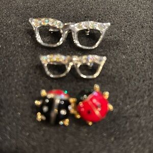 Lot 3 Glasses Ladybug Pins Bedazzled Lapel